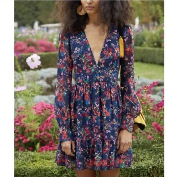 SALONI Blue Floral Long Sleeve Ruffle Mini Dress 2 - Picture 1 of 9